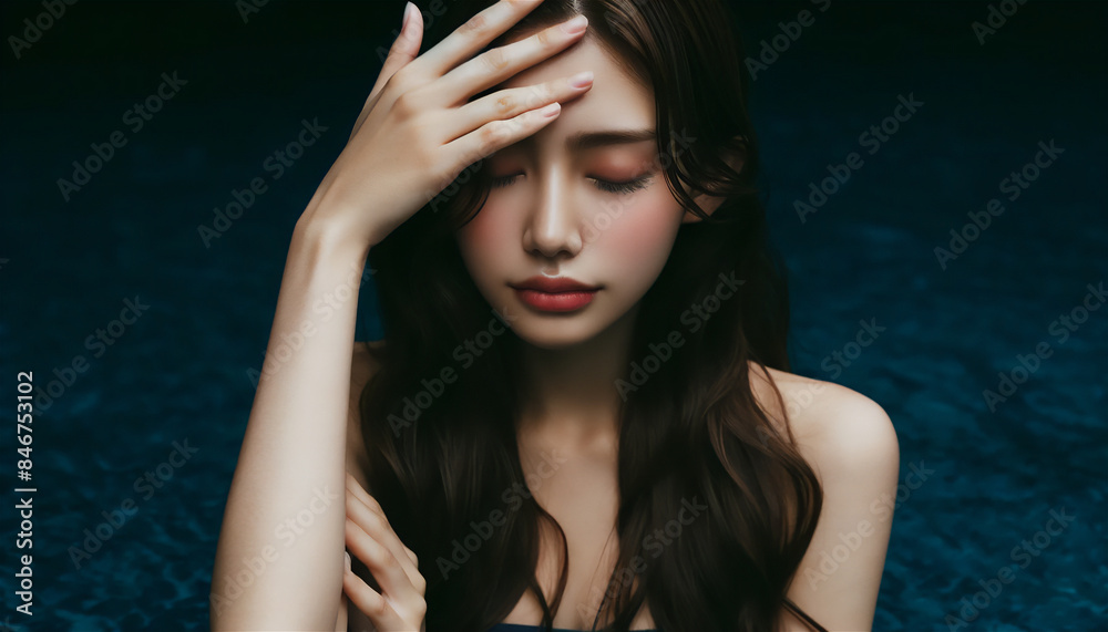 熱で頭痛に悩む日本人女性 熱で頭痛に悩む日本人女性