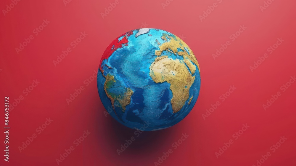 Vibrant globe illustrating continents and oceans placed on a striking red background, symbolizing global unity and environmental awareness. Vibrant globe illustrating continents and oceans placed on a striking red background, symbolizing global unity and environmental awareness.