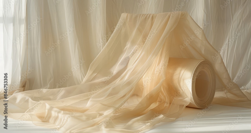 A golden colored paper cone sits on a table in front of a curtain. A golden colored paper cone sits on a table in front of a curtain.