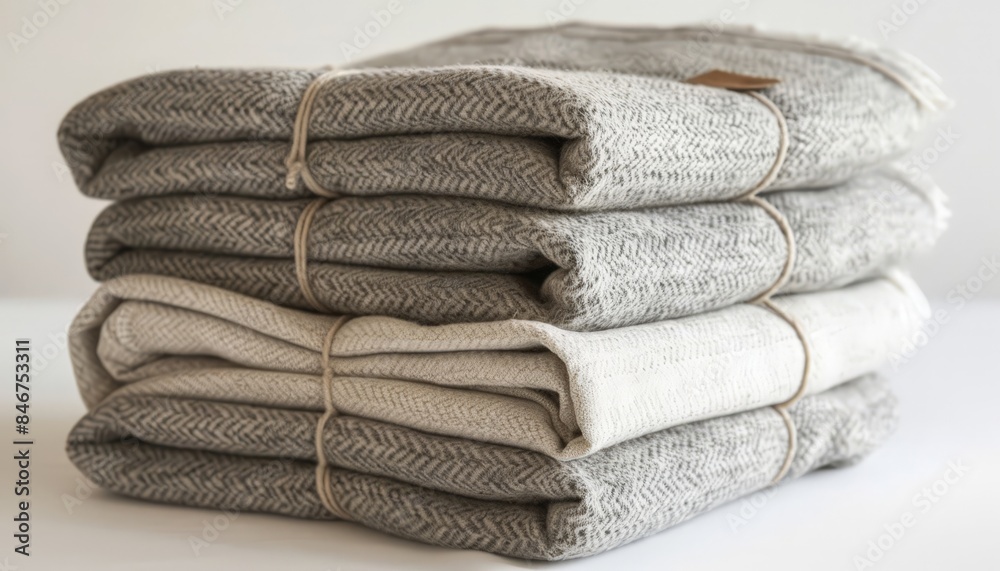 A stack of light colored knit blankets. A stack of light colored knit blankets.