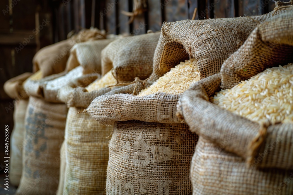 Obraz premium A pile of bags of rice are stacked on top of each other