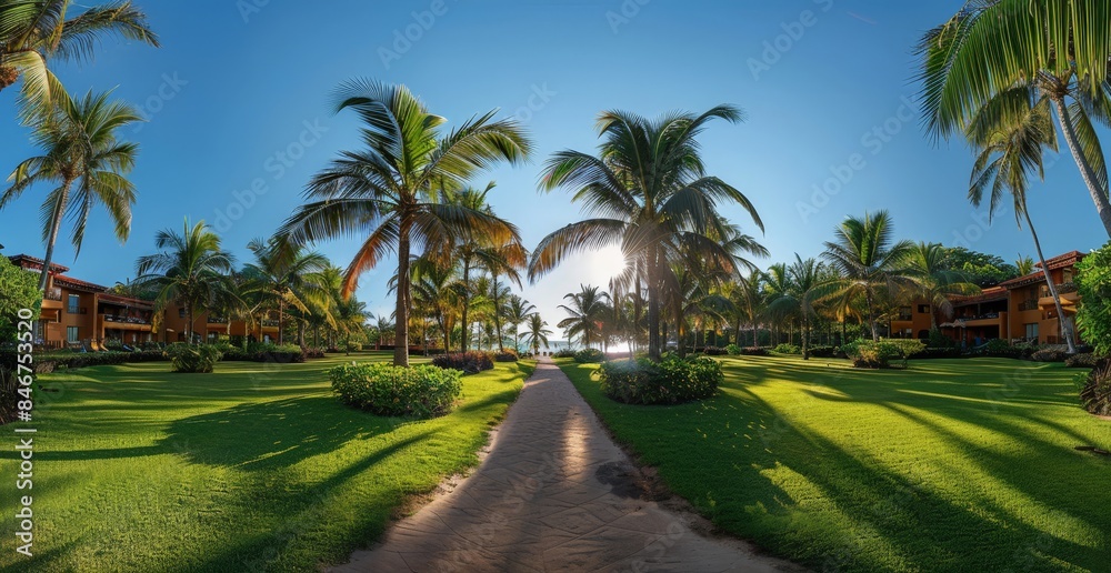A tropical resort with palm trees and a walking path. A tropical resort with palm trees and a walking path.