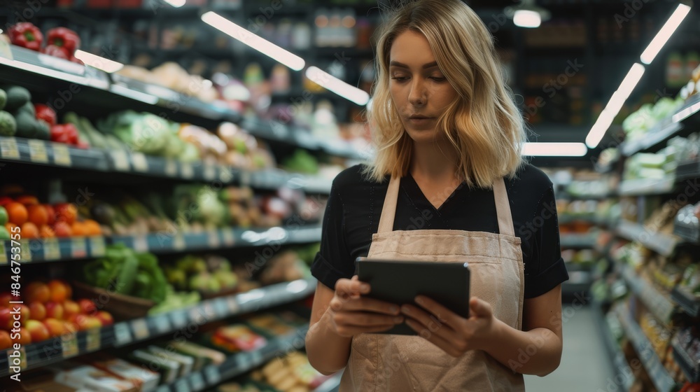The supermarket employee with tablet The supermarket employee with tablet