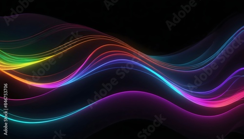Abstract dark backdrop with glowing colorful lines, smooth digital dynamic waves, ideal for innovative concepts or web, technology, and futuristic designs.