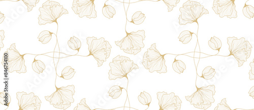 Art Deco floral seamless pattern. Luxury gold and white flowers wallpaper design. Vector illustration.