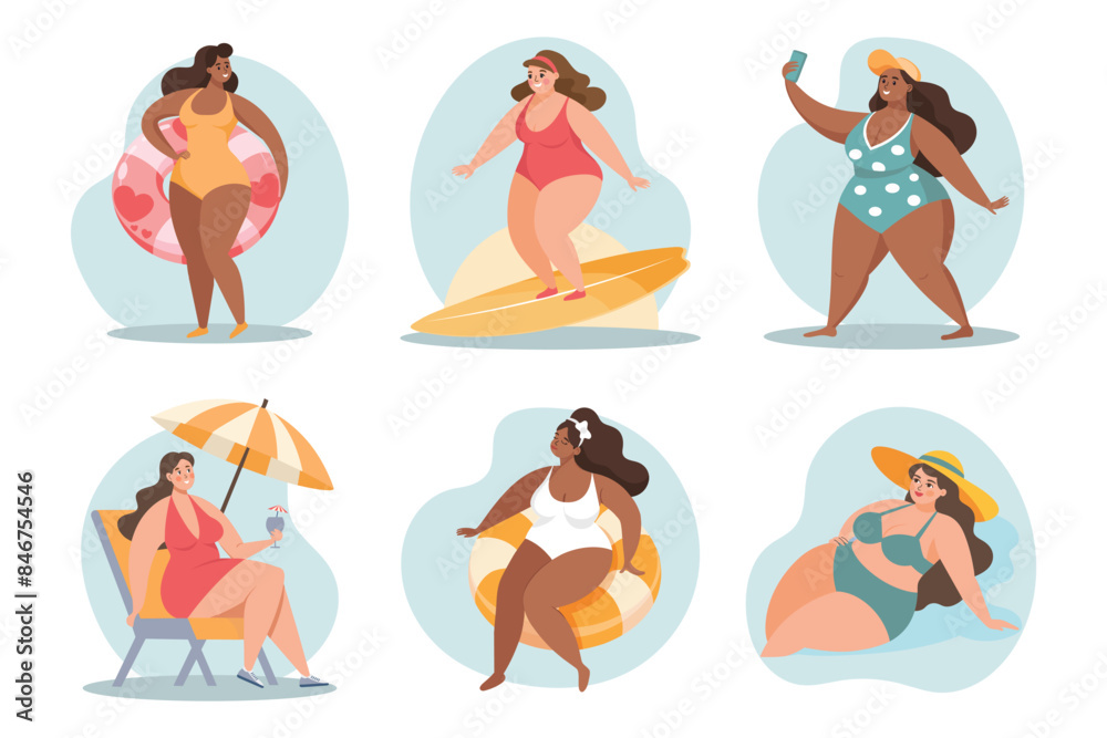 Summer holidays time, people set. Happy women in swimsuits. Beach holiday, sun and relaxation. Concept illustration. Vector Summer holidays time, people set. Happy women in swimsuits. Beach holiday, sun and relaxation. Concept illustration. Vector
