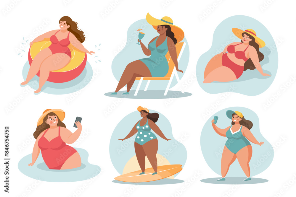Summer holidays time, people set. Happy women in swimsuits. Beach holiday, sun and relaxation. Concept illustration. Vector Summer holidays time, people set. Happy women in swimsuits. Beach holiday, sun and relaxation. Concept illustration. Vector
