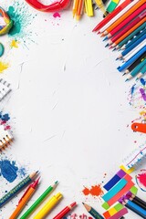 Back to school. Top view of school supplies on white paper banner. Space for copy