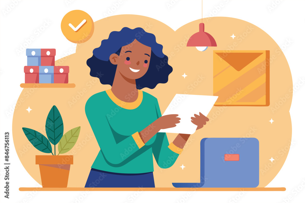 a girl sitting at a table with various objects around him. She is holding a document. the subject is related to working from home or managing business tasks. a girl sitting at a table with various objects around him. She is holding a document. the subject is related to working from home or managing business tasks.