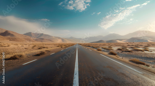 Pov looking over a macadam road and there is a dry barren field © Nim