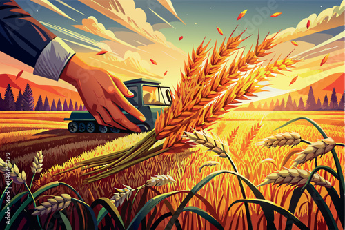 An agricultural scene during the harvest. The foreground shows a hand holding a bundle of ripe wheat stalks, emphasizing the richness of the harvest. A combine harvester can be seen in the background