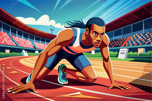 Athlete in the starting position on the treadmill. The athlete is dressed in blue-orange uniform, wearing running shoes and preparing for a sprint. In the background is a red treadmill with white mark