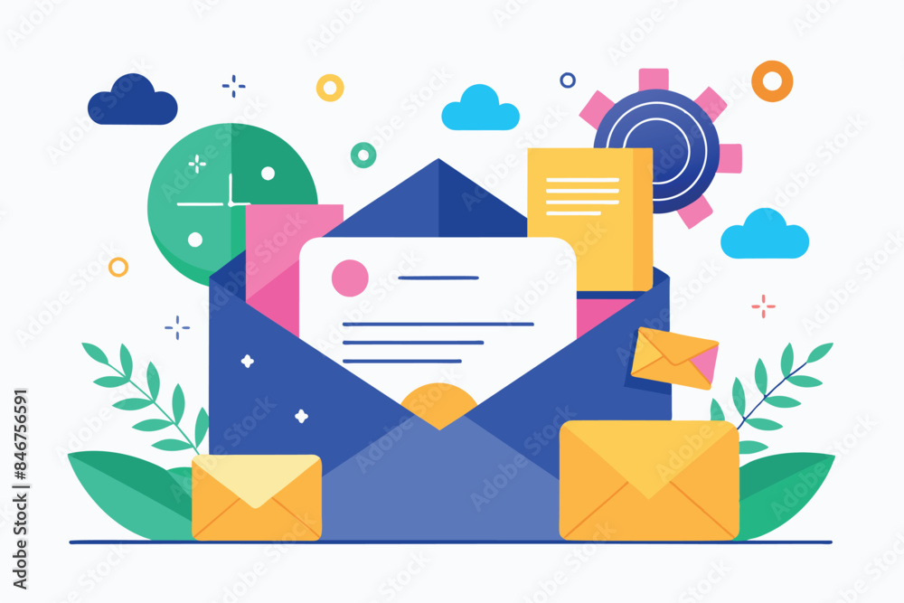 the theme of digital communication. The image shows a large laptop with an envelope and an e-mail icon on the screen symbolizing e-mail. Around the laptop are various elements related to online commun