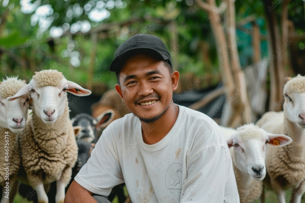 As the man squatted down, he pointed at the goats inside