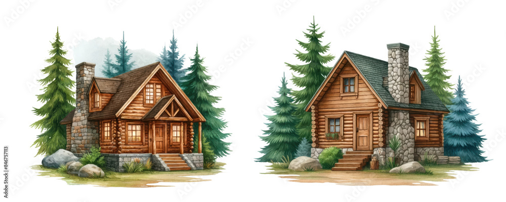 set of Watercolor illustration clipart of a cozy log cabin with a stone ...