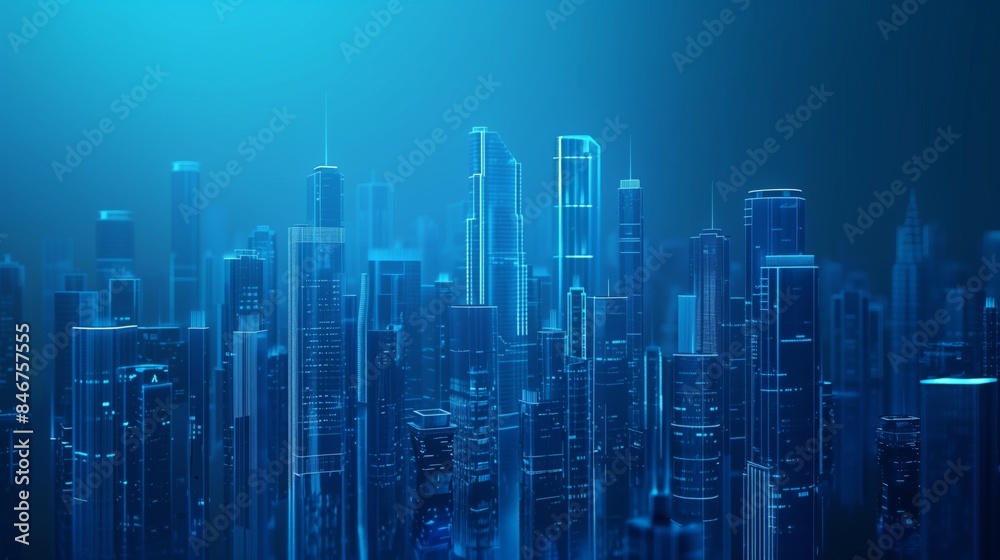 Modern Cityscape with Skyscrapers and Glass Buildings in Blue Shades Symbolizing Innovation and Technology. Representation of Digital Transformation in Real Estate