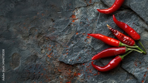 Hot red chili peppers on a rock stone board.