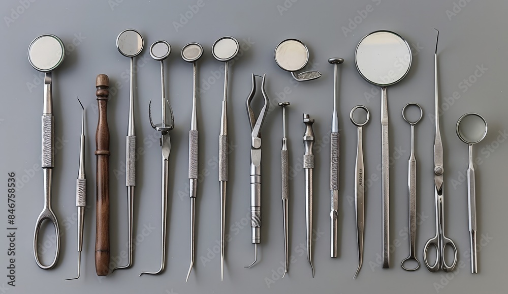 A collection of silver kitchen utensils neatly arranged on a gray background. A collection of silver kitchen utensils neatly arranged on a gray background.
