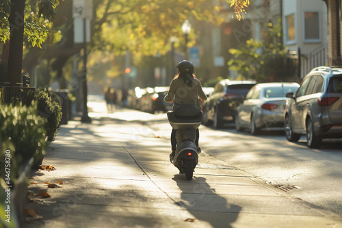 person riding a scooter down a sidewalk © Damian