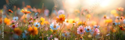 A beautiful field of flowers with blue and pink flowers