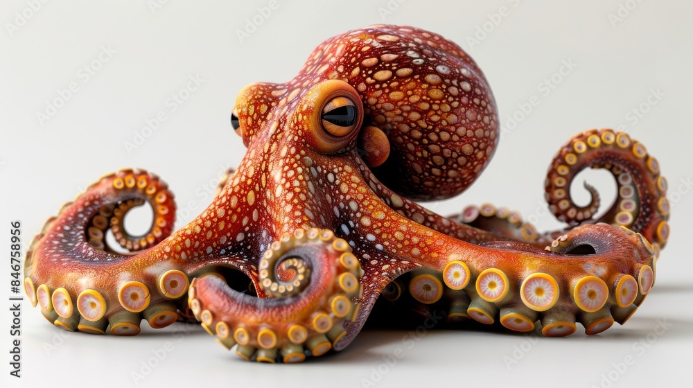 Obraz premium Striking Photo of a Reddish-Orange Octopus with White Spots Sitting on a White Surface, Viewed from a Low Angle with Its Tentacles Curled, Captured in Sharp Focus Against a Blurred Background