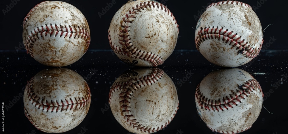 Four baseballs on a black surface with reflections Four baseballs on a black surface with reflections