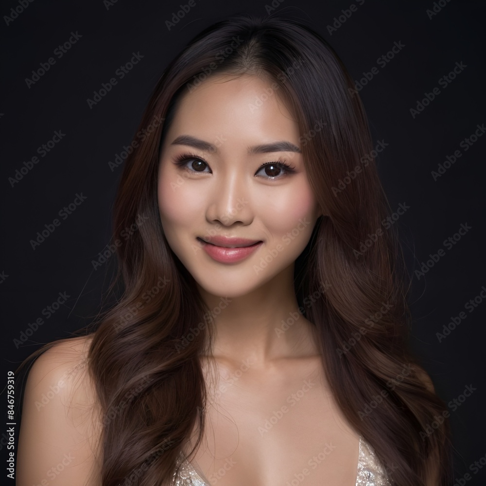 Pretty Asian beauty woman long hair with japanese makeup glowing face and healthy facial skin portrait smile on isolated black background Pretty Asian beauty woman long hair with japanese makeup glowing face and healthy facial skin portrait smile on isolated black background