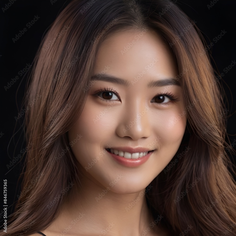 Pretty Asian beauty woman long hair with japanese makeup glowing face and healthy facial skin portrait smile on isolated black background Pretty Asian beauty woman long hair with japanese makeup glowing face and healthy facial skin portrait smile on isolated black background