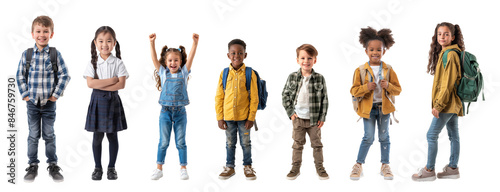 Group of happy children with backpacks isolated on white background