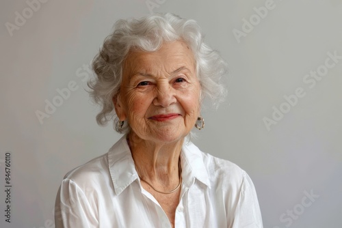 Portrait of a smiling elderly woman wearing a white blouse