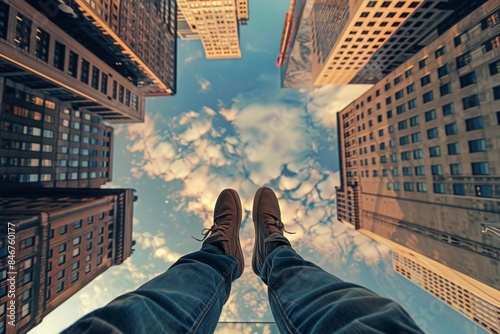 Looking up at a surreal cityscape with legs dangling in the air, creating an inverted perspective of skyscrapers against a clouded sky, first person perspective