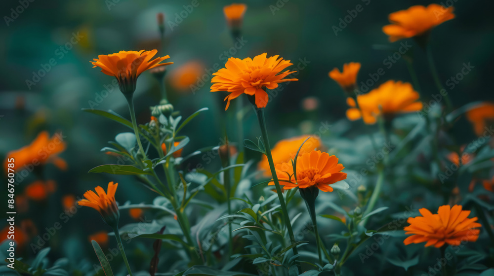 Closeup of vibrant orange marigold flowers in a lush garden Closeup of vibrant orange marigold flowers in a lush garden