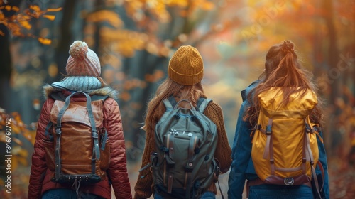 Three female friends with backpacks enjoying a hike in an autumnal forest as leaves fall around them