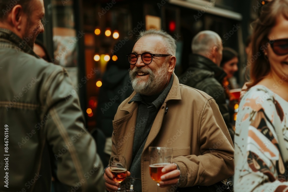 Mature man with glasses of beer having fun on the street. Mature man with glasses of beer having fun on the street.