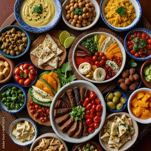 a table full of different foods including one with a variety of different foods.