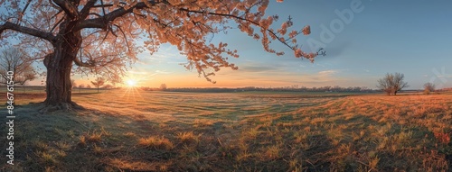 A serene sunset over a field of grass, with trees in the background.