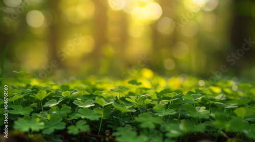 Sunlit wood sorrel in forest with blurry light background photo