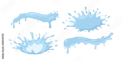 Set of blue water drops and splashes on a white background. Clipart set. Vector