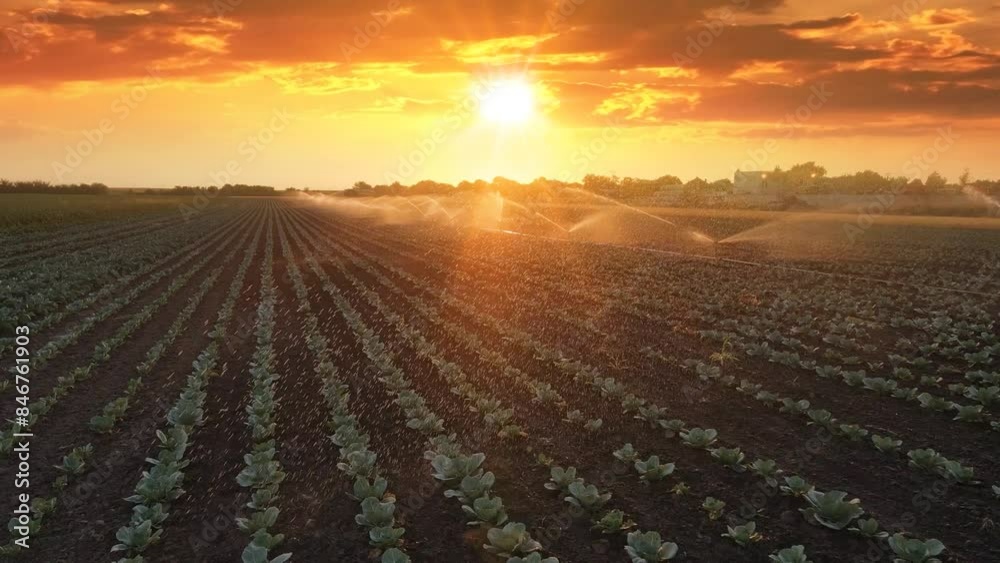 Aerial view drone shot of irrigation system on agricultural cabbage field at sunset helps to grow plants in the dry season. Beautiful sunny landscape rural scene