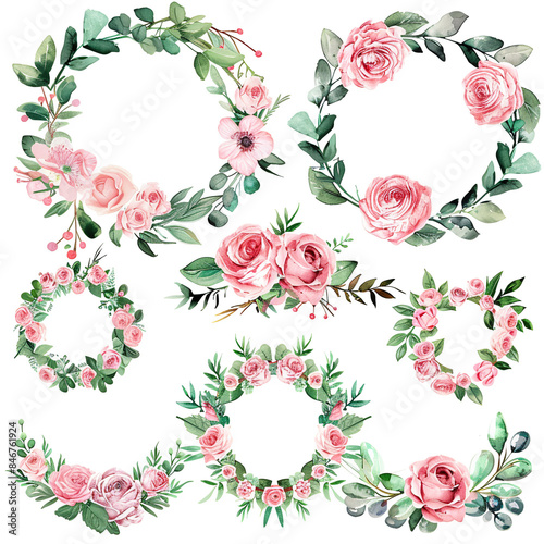 Set of rose flower watercolor frame