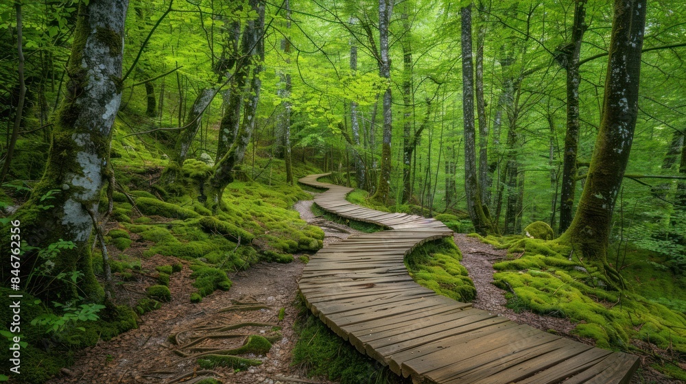 Wooden path in a dense green forest, surrounded by tall trees and moss.
