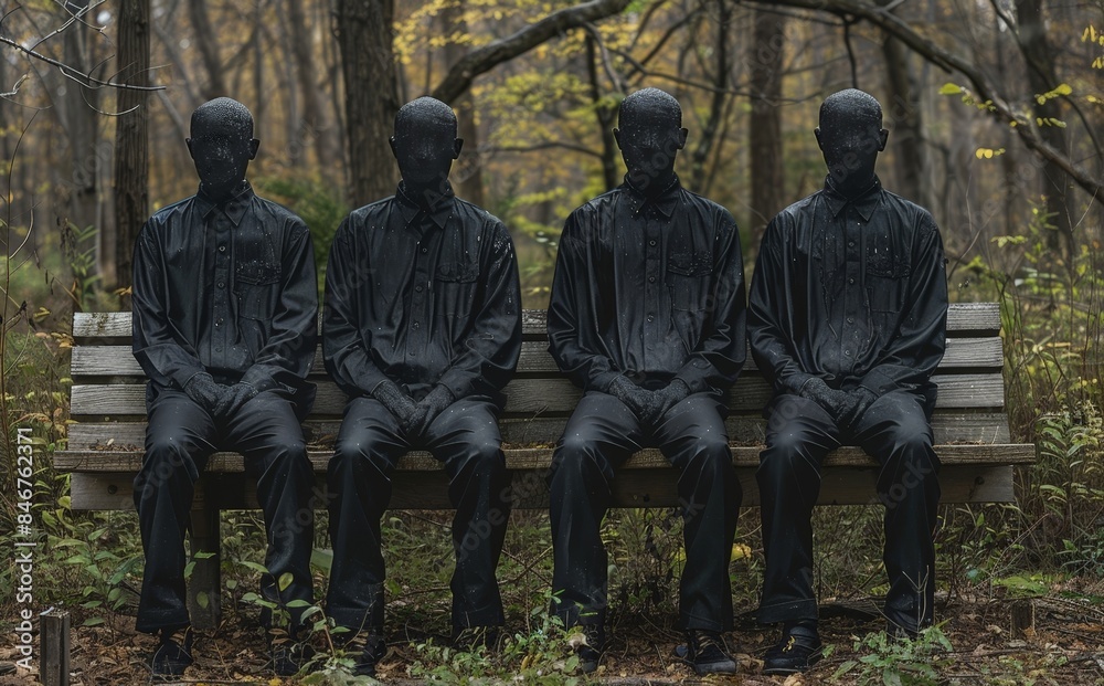 Naklejka premium Four Statues Sitting Together on a Bench