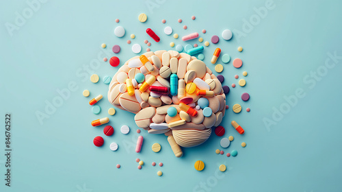 um cérebro feito de pílulas e comprimidos, fundo azul claro, fotografia de alta resolução photo