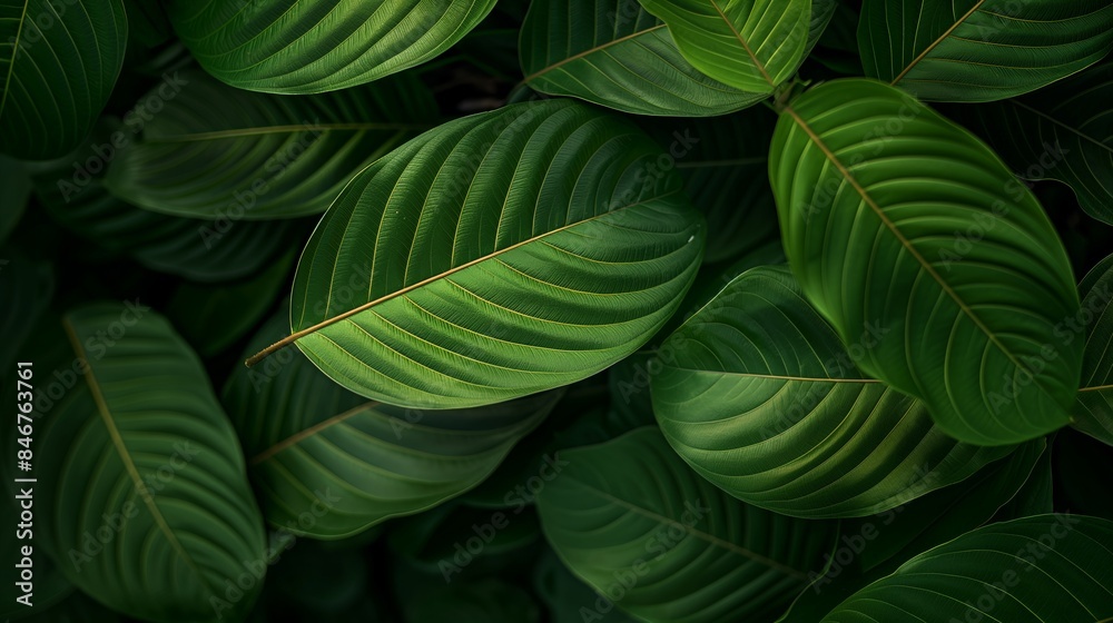 Dark green tropical leaves in low light. Jungle and rainforest concept. Design for botanical prints, eco-friendly products, and nature-inspired decor. Close-up view with copy space. Dark green tropical leaves in low light. Jungle and rainforest concept. Design for botanical prints, eco-friendly products, and nature-inspired decor. Close-up view with copy space.