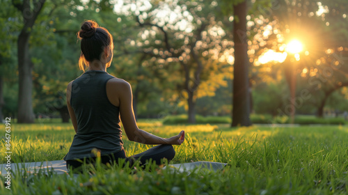 woman practicing yoga in a serene park at sunrise