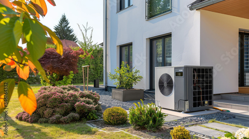 Modern heat pump outside contemporary house with landscaped garden