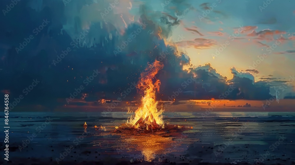 Fototapeta premium Peaceful Gathering with Logs, Conversations, Gentle Waves, and Deep Orange Sky