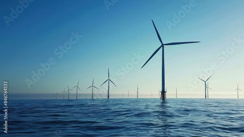 Wind turbines in the ocean generating renewable energy, offshore wind farm