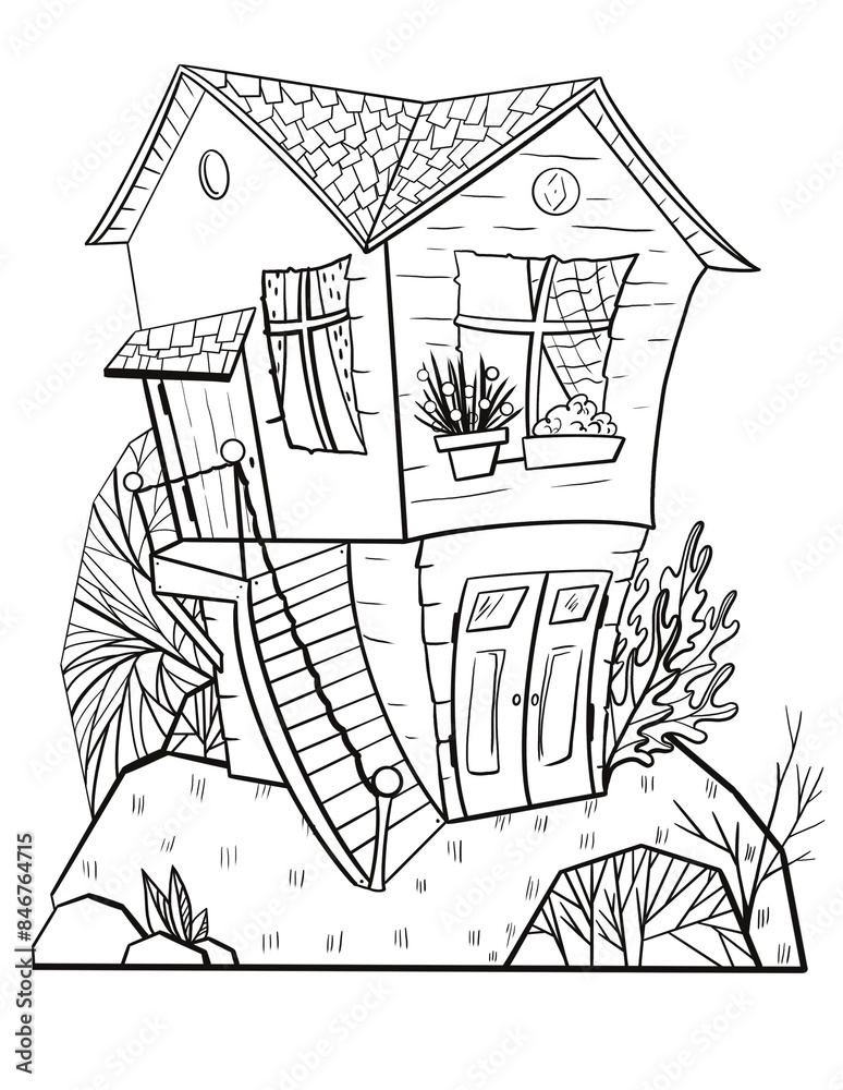 Naklejka premium Country house, landscape, coloring page.