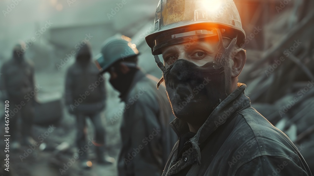 Coal Mine Workers Toiling in Dusty Midday Atmosphere with Face Masks